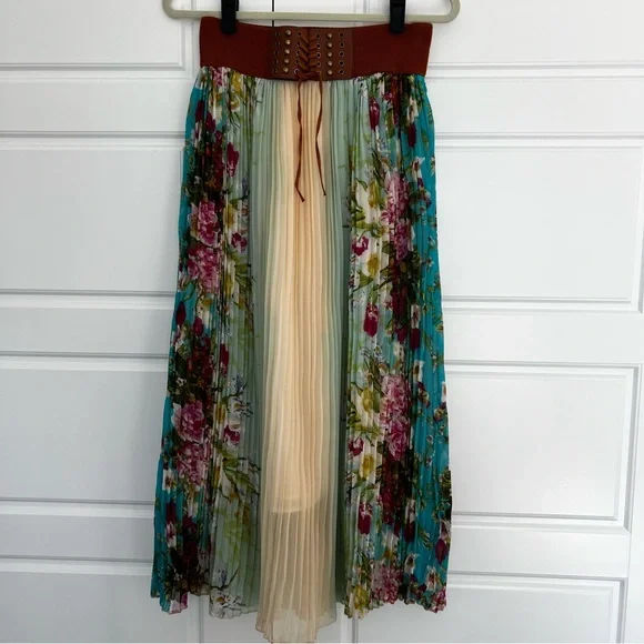 Boho Floral Print Pleated Festival Maxi Skirt Corset Belt Sz L - Picture 1 of 11